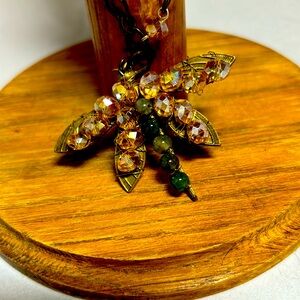 Artisan made 18.5 inch antique bronze necklace with moss agate and AB crystals.